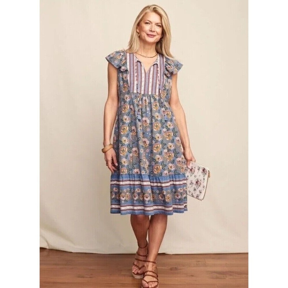 Matilda Jane Blue Floral Striped Mixed Print Boho‎ Tiered Flutter Sleeve Dress S